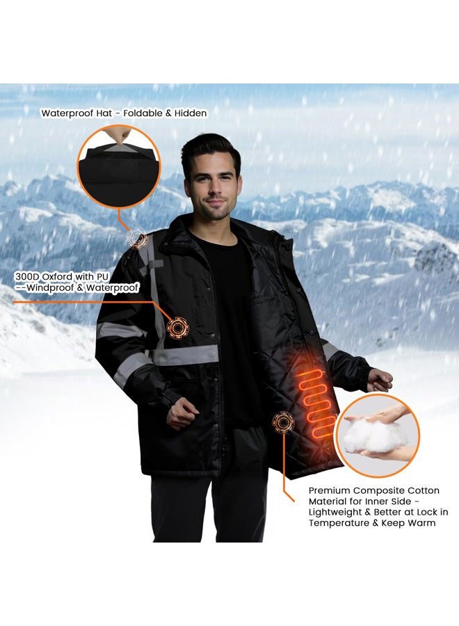 TCCFCCT Hi Vis Jackets for Men & Women, Waterproof Reflective Safety Jacket with Pockets, Construction Coats for Cold Weather, High Vis Rain Gear, Long J-Black, XL - Image 4