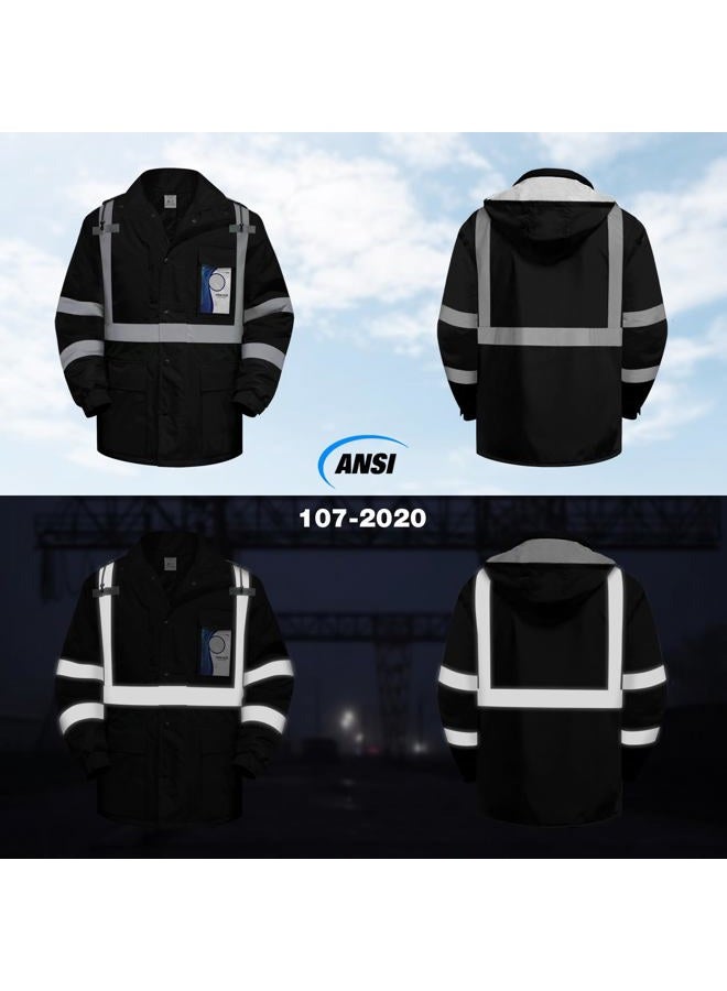 TCCFCCT Hi Vis Jackets for Men & Women, Waterproof Reflective Safety Jacket with Pockets, Construction Coats for Cold Weather, High Vis Rain Gear, Long J-Black, XL - Image 3