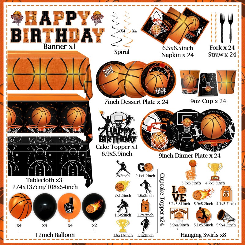 Peghoqu Basketball Party Decorations Basketball Birthday Theme Decoration Disposable Paper Plates,Napkins,Tablecloth,Cups,Balloon,Banner,Hanging Swirls,Cake Topper for Basketball Party Decor Supplies,Serve 24 - Image 3