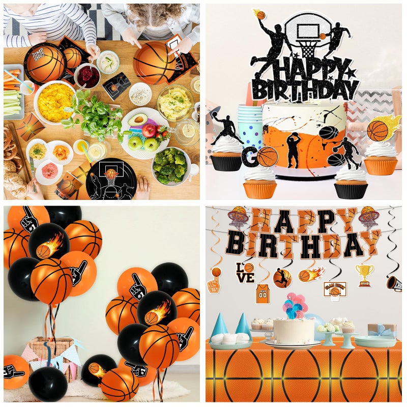 Peghoqu Basketball Party Decorations Basketball Birthday Theme Decoration Disposable Paper Plates,Napkins,Tablecloth,Cups,Balloon,Banner,Hanging Swirls,Cake Topper for Basketball Party Decor Supplies,Serve 24 - Image 4