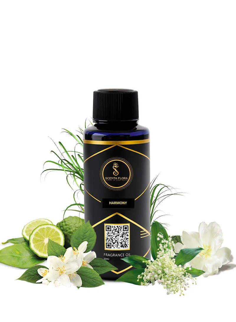 سينتا فلورا زيت عطري "Harmony" من SCENTA FLORA لأجهزة نشر الروائح والعلاج العطري (50 مل) | معتمد من IFRA | مزيج من الياسمين والروائح الزهرية والعنبر | مثالي لغرف المعيشة أو غرف النوم أو المكاتب.