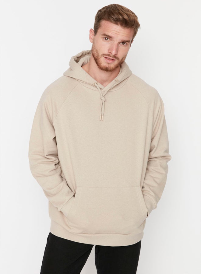 trendyol Beige Oversize/Wide Cut Hooded Fleece/Warm Sweatshirt TMNAW23SW00192 - Image 2