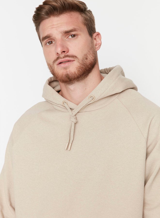 trendyol Beige Oversize/Wide Cut Hooded Fleece/Warm Sweatshirt TMNAW23SW00192 - Image 3