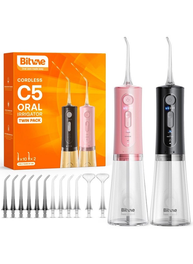 Bitvae C5 Water Flosser 2 Packs For Adult, Cordless Water Teeth Cleaner Picks, 3 Modes 5 Intensities, Rechargeable Water Dental Picks For Cleaning With 12 Tips, Gifts For Men/Women, Black & Pink - Image 1