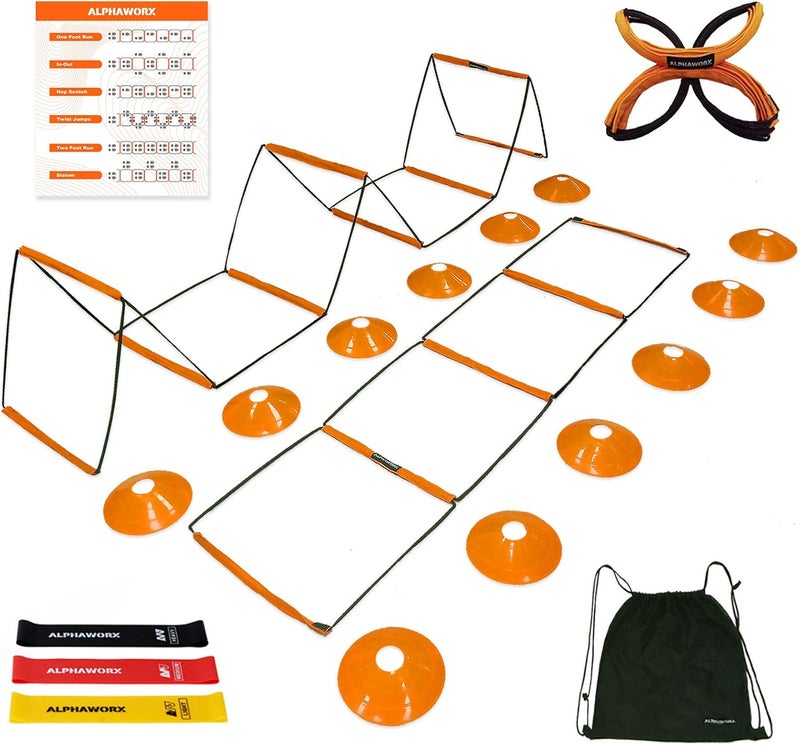 ALPHAWORX All-in-One Agility Ladder Agility Training Equipment Foldable Instant Set-up Tangle-Free Design 8+4 Rung Speed Ladder Workout Ladder with 12 Soccer Cones & 3 Resistance Band & 1 Storage Bag - Image 1