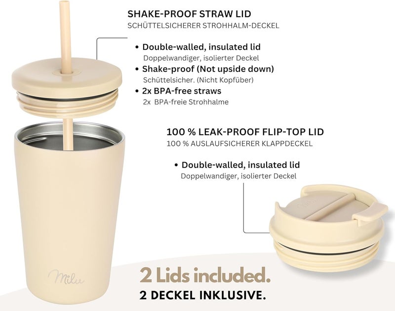 Milu Thermal Mug, 500 ml, 100% Leak-Proof, Stainless Steel Coffee Mug to Go, Insulated with Straw, Keeps Hot for 10 Hours/Cold for 20 Hours, BPA-Free (Beige, 500 ml) - Image 2