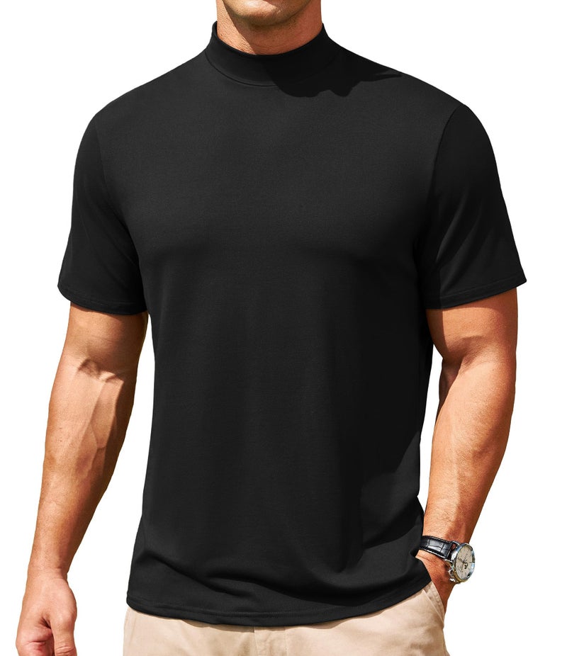 Lexiart Men's Mock Turtleneck Short Sleeve Soft Lightweight Casual Basic T-Shirts Solid Pullover Tops Black - Image 1