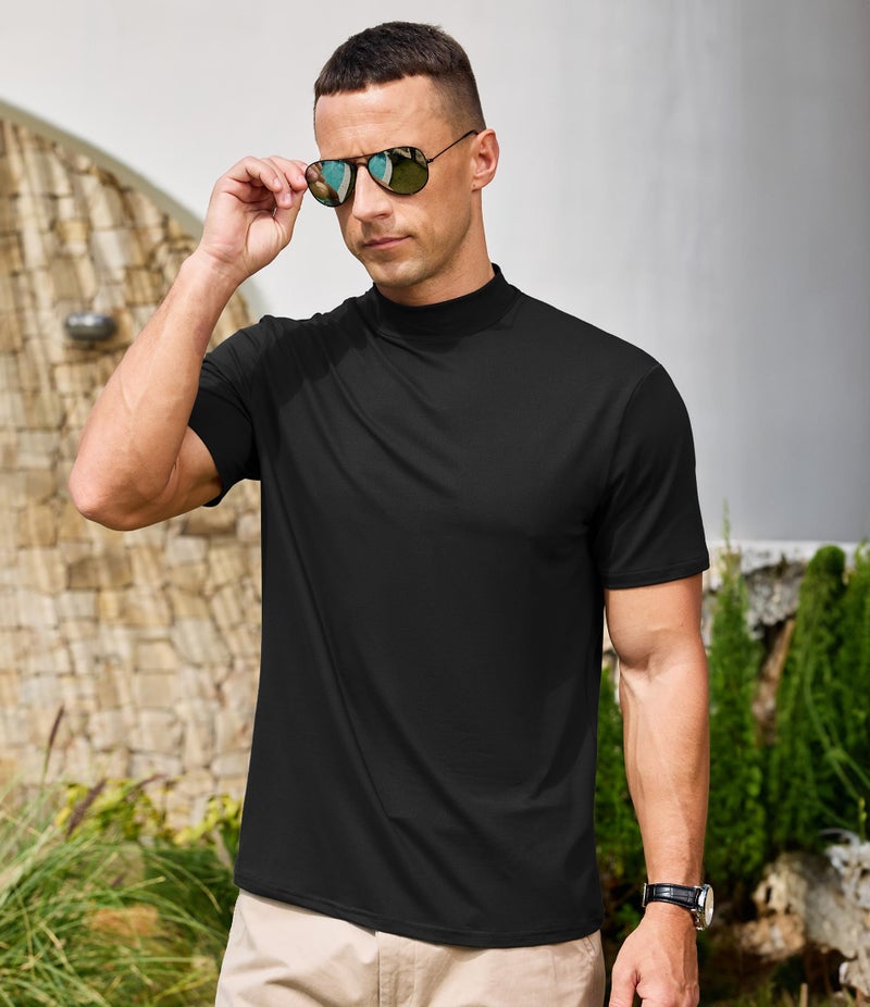 Lexiart Men's Mock Turtleneck Short Sleeve Soft Lightweight Casual Basic T-Shirts Solid Pullover Tops Black - Image 4