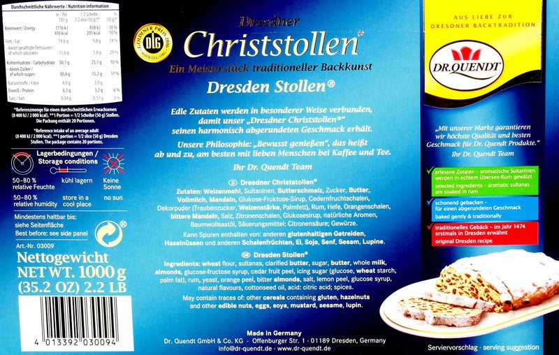 Dr Quendt Stollen Christmas Cake in Gift Box 1000g - Image 2