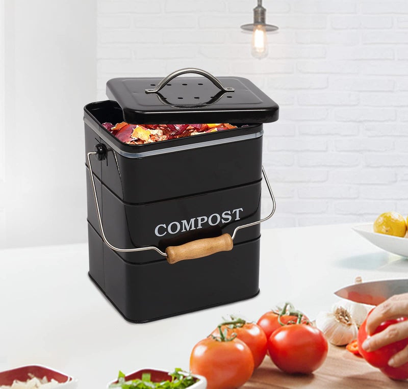 مورزي سماد سماد المطبخ كونترتوب سماد داخلي دلوقة سماد دلو رائع لمخابح الكربون الصلب مقابض أسود 1 جالون - يشمل مرشح الفحم - Image 4