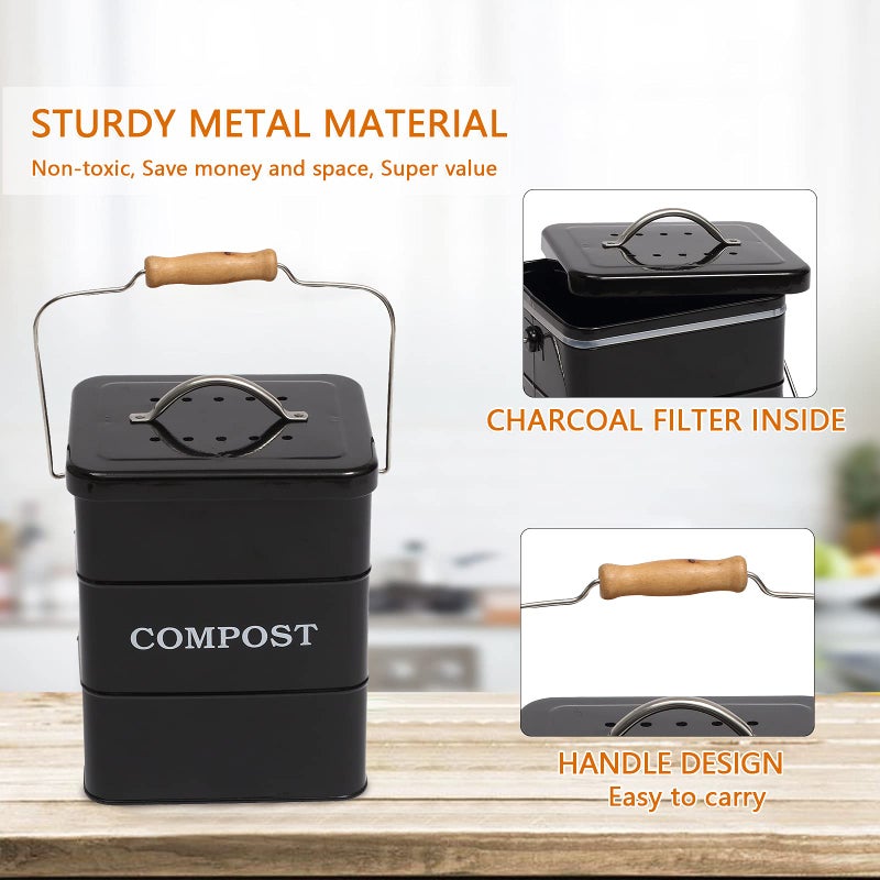 مورزي سماد سماد المطبخ كونترتوب سماد داخلي دلوقة سماد دلو رائع لمخابح الكربون الصلب مقابض أسود 1 جالون - يشمل مرشح الفحم - Image 5