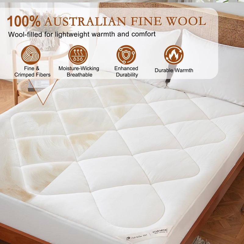 YOUR MOON Natural Wool Mattress Pad Queen â€“ 450GSM Organic Australian Wool Mattress Topper, Quilted Fitted Mattress Bed Cover with 16" Deep Pocket, Hypoallergenic Cotton Cover (White) - Image 3