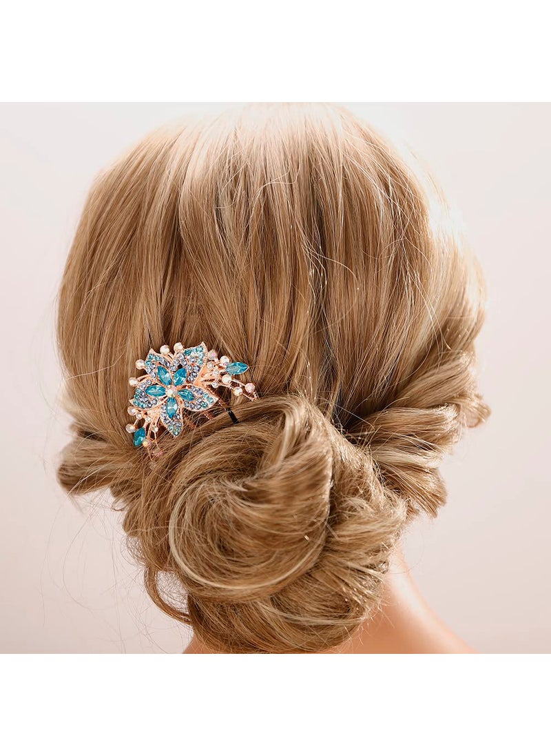 Aimimier - Aimimier Flower Crystal French Hair Comb Luxury Rhinestone Side Combs Long Teeth Hair Pins Hair Accessories for Bride and BridesmaidBlue - Image 1