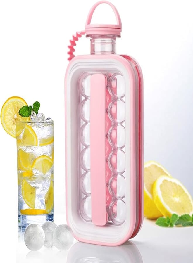 Spaceshoop 2 in 1 Mini Ice Ball Bottle and Ice Ball Mold Set, 17 Compartments Ice Globes for Juices, Drinks, Coffee on the Go Your Reliable Partner for Summer 2024 (Pink)