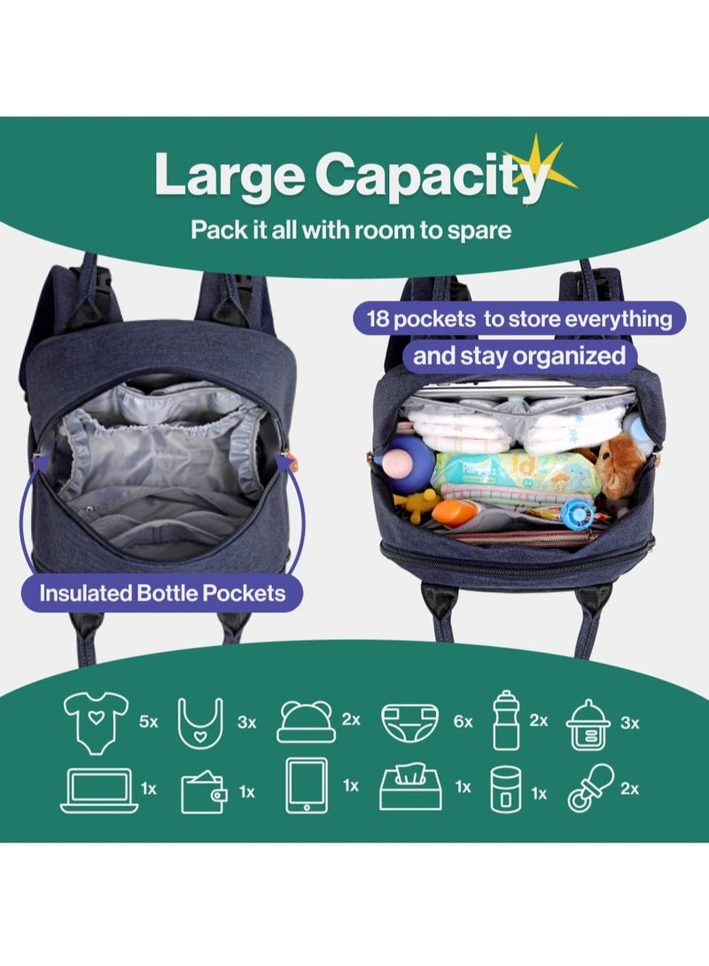 BabbleRoo Diaper Bag Backpack - Baby Essentials Travel Tote - Multi function Waterproof Travel Essentials Baby Bag with Changing Pad, Stroller Straps & Pacifier Case - Unisex, Navy Blue - Image 4