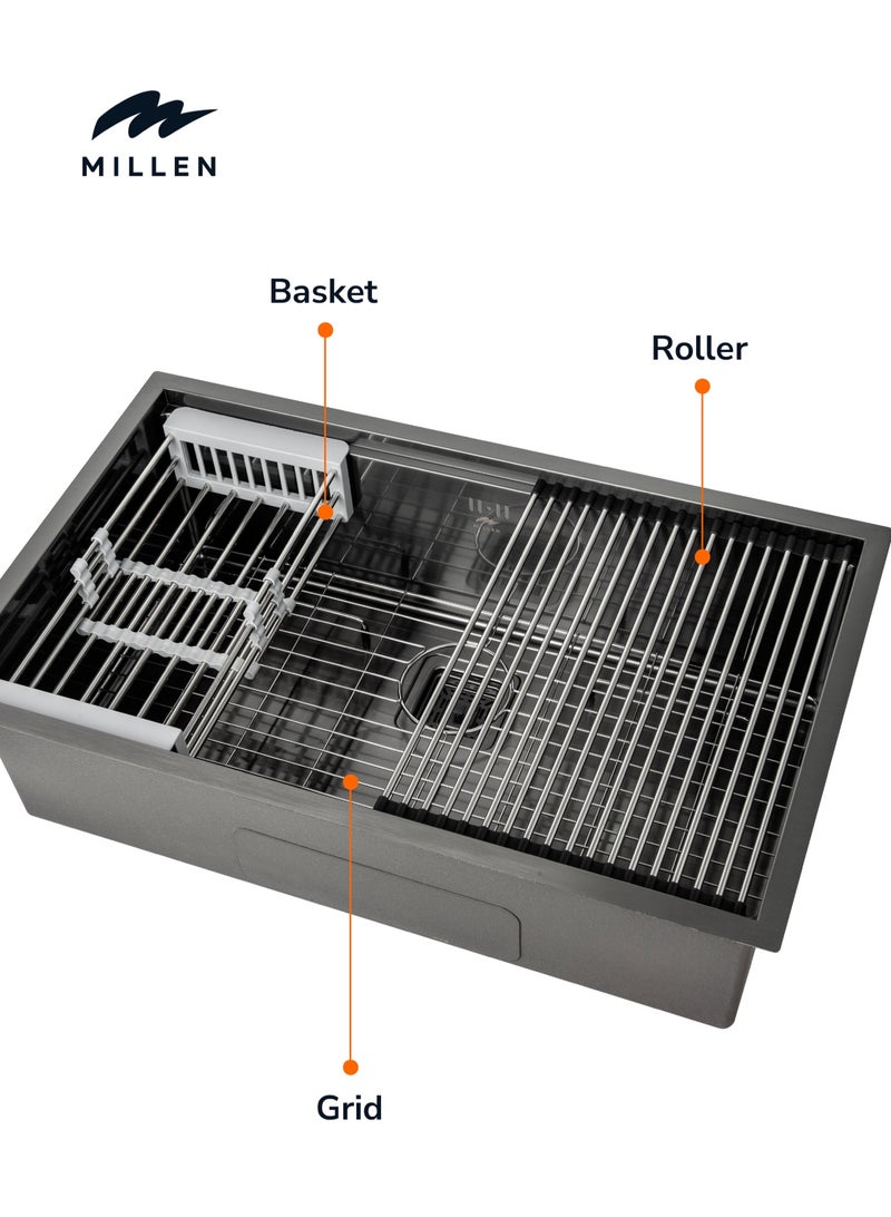 MILLEN Premium Handmade Undermount Single Bowl Sink With Accessories – SUS 304 Stainless Steel, Soundproof, Gunmetal Satin Finish - MS15835025GM - Image 3