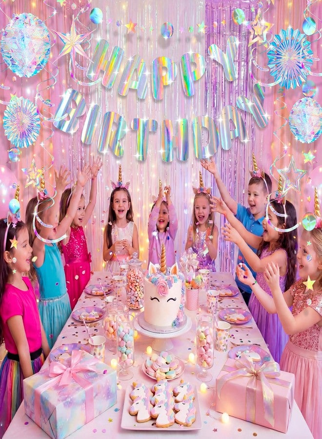 Knitgrip 23 Pcs Pre-strung Iridescent Birthday Party Decorations Aurora Holographic Party Decorations Include Happy Birthday Banner Hanging Honeycomb Ball Paper Fan Snowflake Star - Image 2