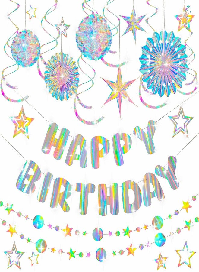 Knitgrip 23 Pcs Pre-strung Iridescent Birthday Party Decorations Aurora Holographic Party Decorations Include Happy Birthday Banner Hanging Honeycomb Ball Paper Fan Snowflake Star - Image 1
