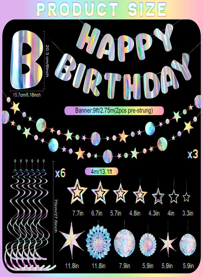 Knitgrip 23 Pcs Pre-strung Iridescent Birthday Party Decorations Aurora Holographic Party Decorations Include Happy Birthday Banner Hanging Honeycomb Ball Paper Fan Snowflake Star - Image 4
