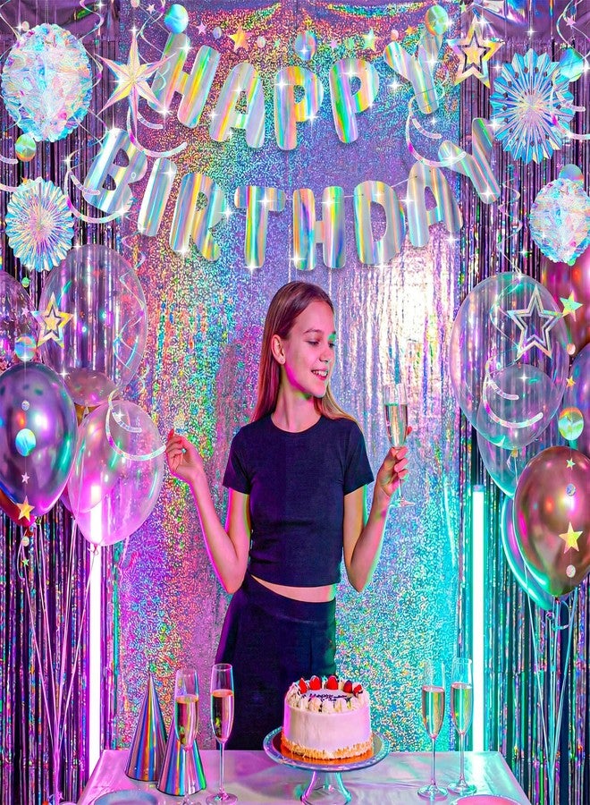 Knitgrip 23 Pcs Pre-strung Iridescent Birthday Party Decorations Aurora Holographic Party Decorations Include Happy Birthday Banner Hanging Honeycomb Ball Paper Fan Snowflake Star - Image 3