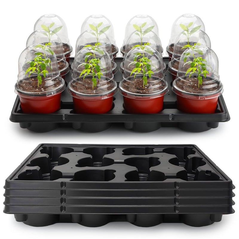 RooTrimmer 4 Inch 60 Pack Nursery Pots with Humidity Domes & 5 Pack 12 Cell Round Seedling Pot Carrying Trays, Sturdy Seeds Starter Pot Germination Set, Small Planter Nursery Propagation 5 Sets - Image 1