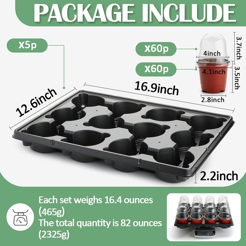 RooTrimmer 4 Inch 60 Pack Nursery Pots with Humidity Domes & 5 Pack 12 Cell Round Seedling Pot Carrying Trays, Sturdy Seeds Starter Pot Germination Set, Small Planter Nursery Propagation 5 Sets - Image 2