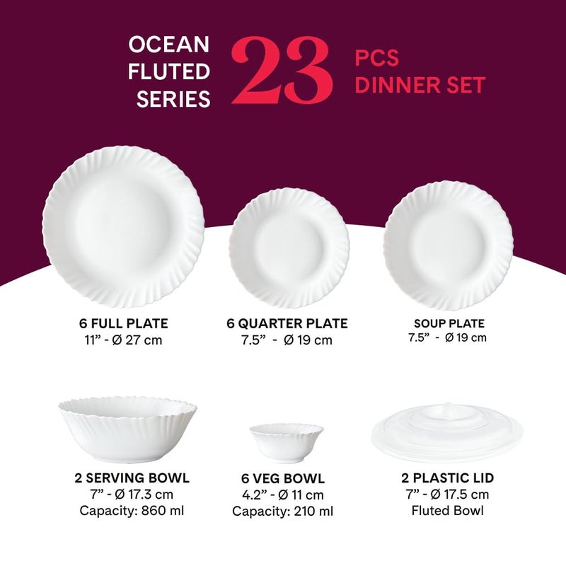 LARAH BY BOROSIL Larah by Borosil Ocean Fluted Series Opalware Dinner Set | 23 Pieces for Family of 6 | Microwave & Dishwasher Safe | Bone-Ash Free | Crockery Set for Dining & Gifting | Plates & Bowls | White - Image 2