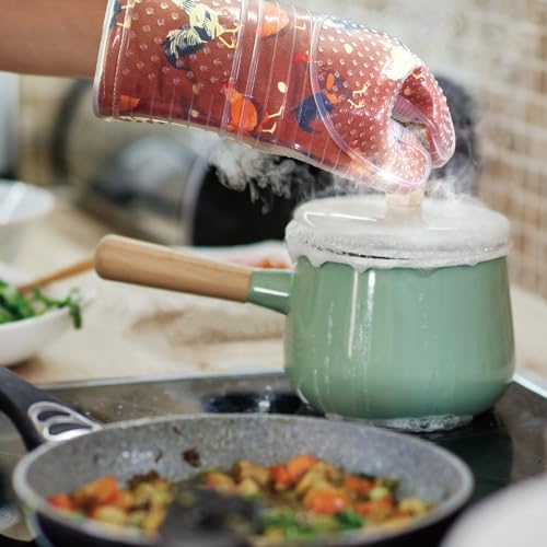 RED LMLDETA Oven Mitts Set of 2 with Transparent Clear Silicone Shell and Nice Shell Flower Cotton Lining, Heat Resistant to 500 F Kitchen Oven Gloves Pot Holder for Cooking (Rooster, Oven Mitts) - Image 4