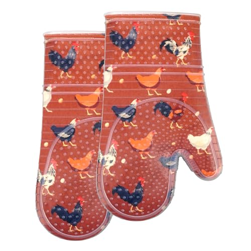 RED LMLDETA Oven Mitts Set of 2 with Transparent Clear Silicone Shell and Nice Shell Flower Cotton Lining, Heat Resistant to 500 F Kitchen Oven Gloves Pot Holder for Cooking (Rooster, Oven Mitts) - Image 1