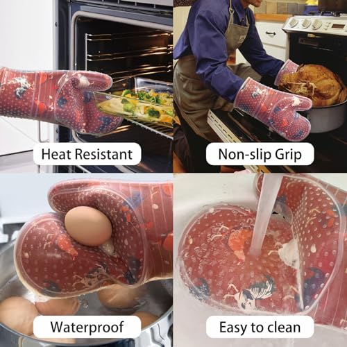 RED LMLDETA Oven Mitts Set of 2 with Transparent Clear Silicone Shell and Nice Shell Flower Cotton Lining, Heat Resistant to 500 F Kitchen Oven Gloves Pot Holder for Cooking (Rooster, Oven Mitts) - Image 5