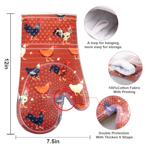 RED LMLDETA Oven Mitts Set of 2 with Transparent Clear Silicone Shell and Nice Shell Flower Cotton Lining, Heat Resistant to 500 F Kitchen Oven Gloves Pot Holder for Cooking (Rooster, Oven Mitts) - Image 2