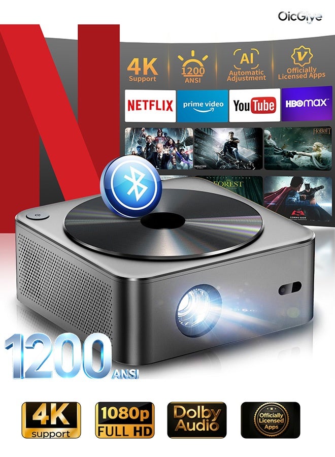 OicGlye Projector  [1200 ANSI/Netflix Officially Licensed/Dolby Audio] with WiFi6 and Bluetoot0h,HiFi Audio & AI Auto Focus,Outdoor Movie Projector,MAX 300''Display - Image 1