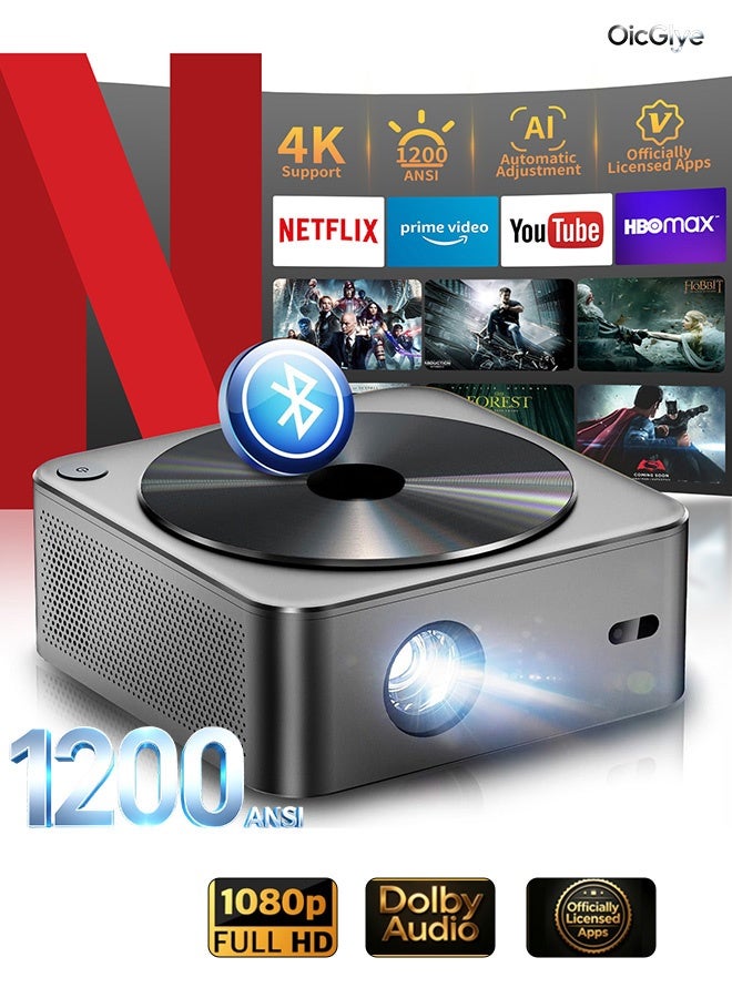 OicGlye Projector  [1200 ANSI/Netflix Officially Licensed/Dolby Audio] with WiFi6 and Bluetoot0h,HiFi Audio & AI Auto Focus,Outdoor Movie Projector,MAX 300''Display - Image 1