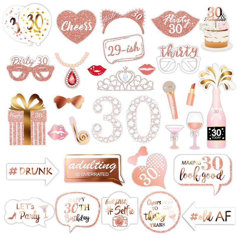 Konsait Rose Gold 30 Birthday Photo Booth Kit32countKonsait Funny Chic 30th Birthday Dirty Thirty Props with Sticks for Girls women 30 ROCK Thirtieth Happy Birthday Party Favors Supplies Bday Party Decorat - Image 1