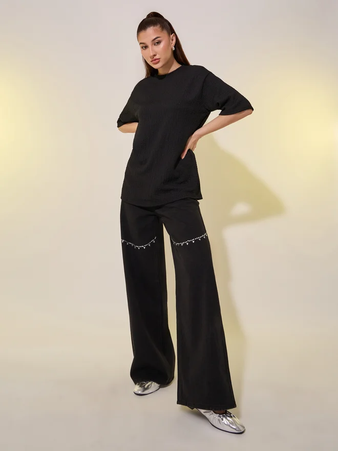 Take Two Take Two Textured Round Neck Oversized T-Shirt
