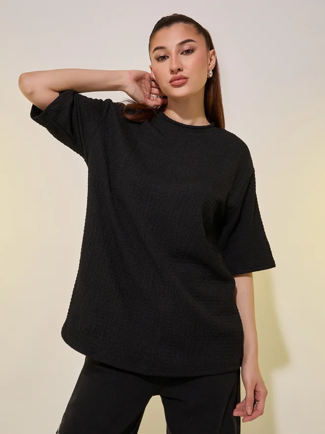 Take Two Take Two Textured Round Neck Oversized T-Shirt