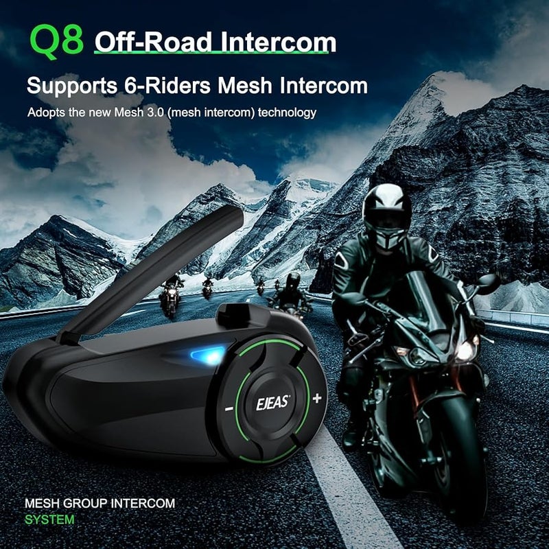 EJEAS Q8 Motorcycle Helmet Bluetooth Intercom, New Mesh 3.0 Group Intercom System with Music Sharing and Channel Switching for 6 Riders Talking at The Same Time (2 Pack) - Image 2