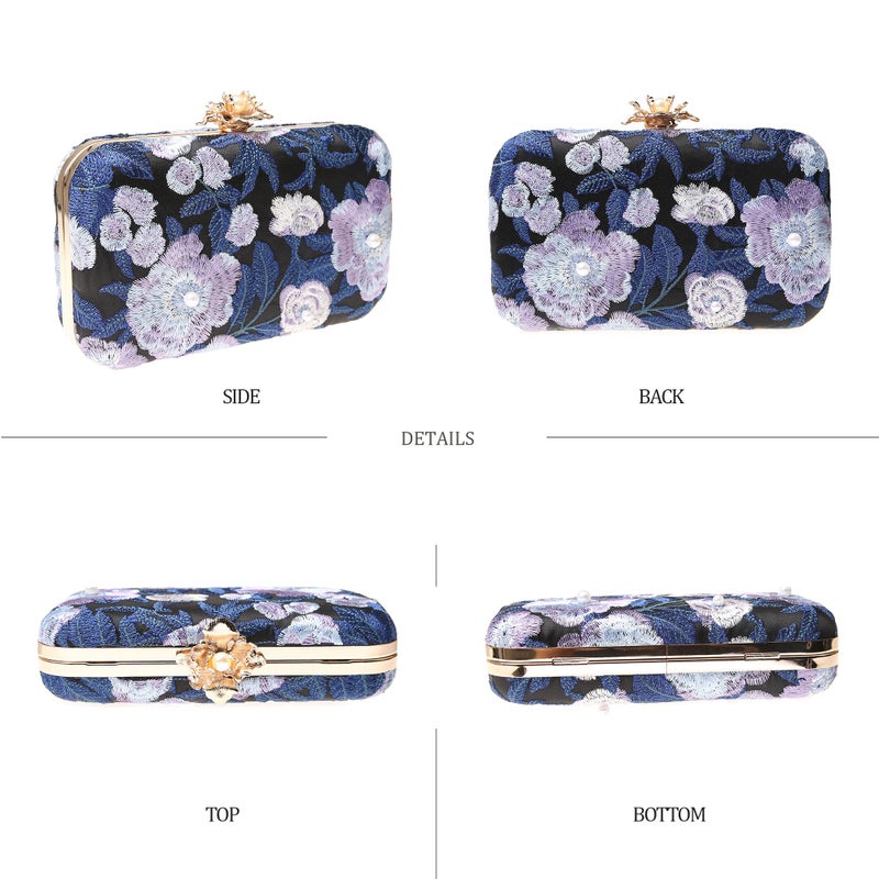 DA BODAN Womens Vintage Floral Beaded Sequin Tiny Clutch Embroidery Crossbody Evening Handbags for Wedding Party Prom (Dark blue) - Image 3