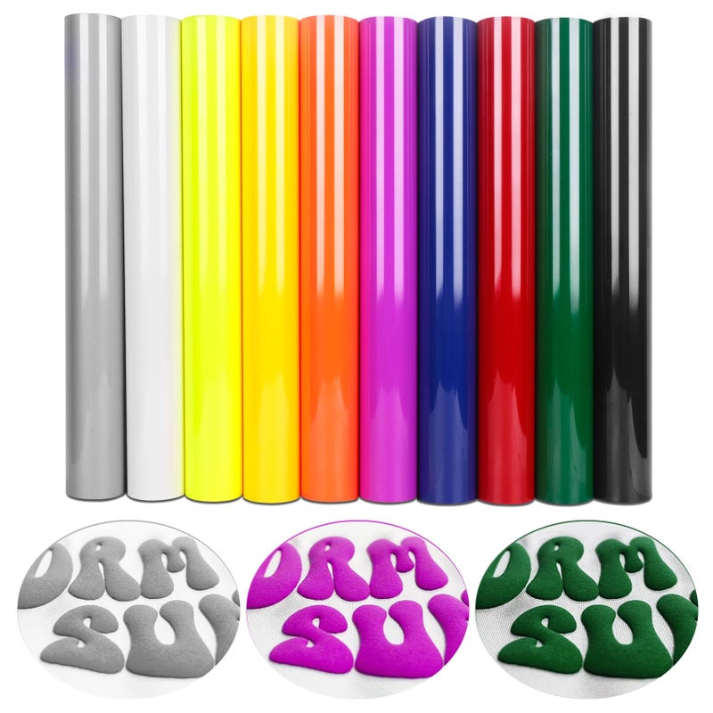 TORC 3D Puff HTV Heat Transfer Vinyl 12" x 10" 10 Sheet Pack - Assorted Colors, Iron-On for T-Shirts, DIY Crafts, Compatible with Cricut & All Cutters, Easy Cut & Weed - Image 1