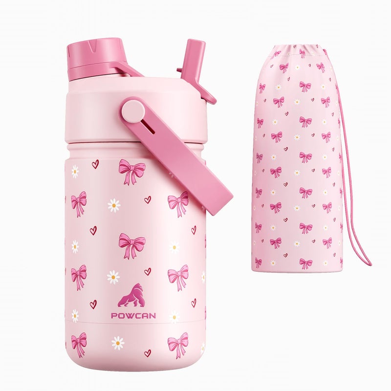 powcan 12 oz Insulated Water Bottle for Girls: 2-in-1 Straw Spout Lid, Leakproof, BPA-Free, Easy Carry, Keep Cold 24H, Cute Patterns, Kids Stainless Steel Cup for School, Travel, Holiday Gift (Bow Crush) - Image 1