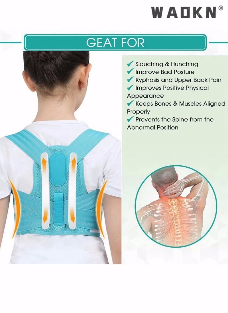 WAOKN - Back Brace, Posture Corrector for Kids Teens, Relieve Back Pain Adjustable Upper Back race Spinal Support with Soft Shoulder Pads to Prevent Humpback, Recommended by Doctor (M, Blue) - Image 1