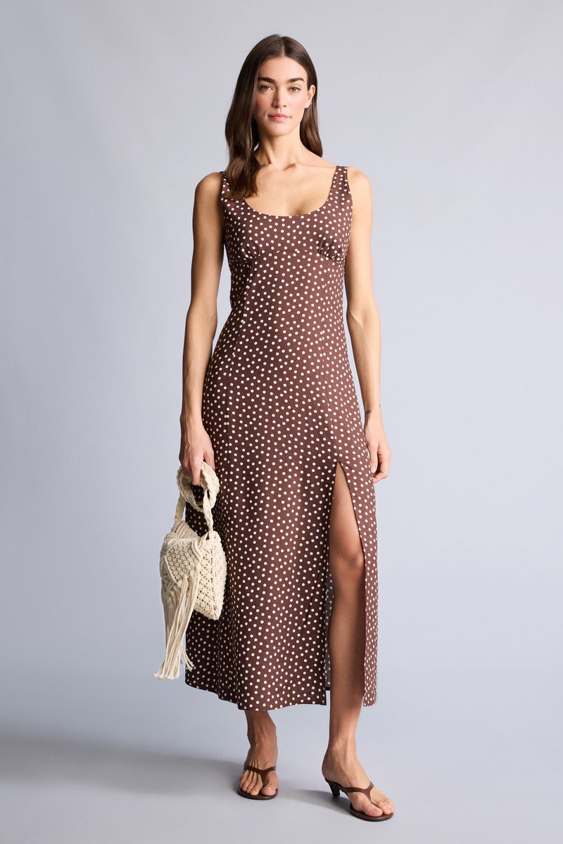 DeFacto Brown Woman A Cut V-Neck Printed Linen Blended Midi Dress Casual - Image 2