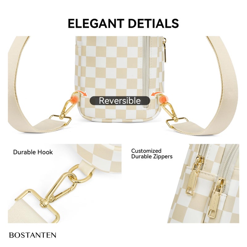 BOSTANTEN Sling Bag Checkered Crossbody Bags for Women Cross Body Purse Leather Fanny Pack with Adjustable Guitar Strap - Image 4