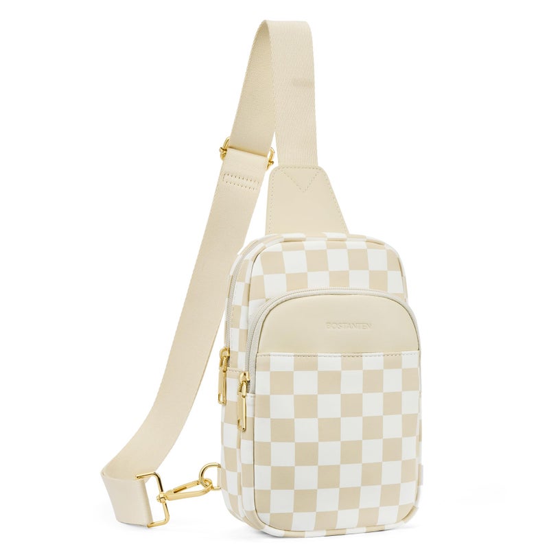 BOSTANTEN Sling Bag Checkered Crossbody Bags for Women Cross Body Purse Leather Fanny Pack with Adjustable Guitar Strap - Image 1