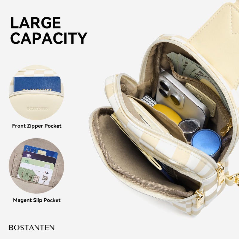 BOSTANTEN Sling Bag Checkered Crossbody Bags for Women Cross Body Purse Leather Fanny Pack with Adjustable Guitar Strap - Image 3