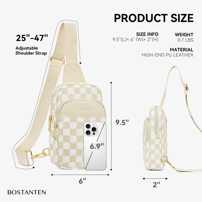 BOSTANTEN Sling Bag Checkered Crossbody Bags for Women Cross Body Purse Leather Fanny Pack with Adjustable Guitar Strap - Image 2