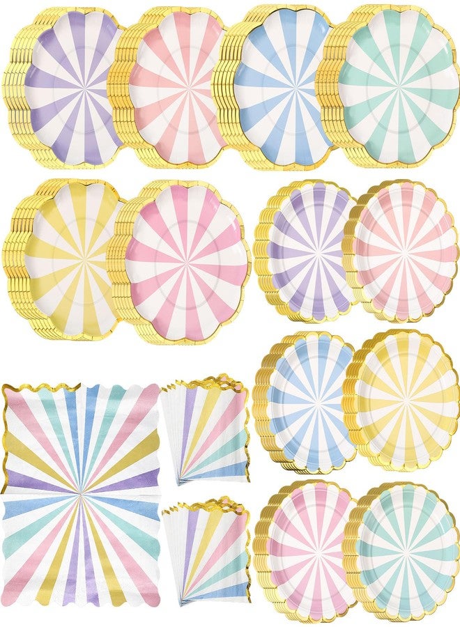 Skybooly 144 Pcs 48 Guests Pastel Striped Party Plates and Napkins Scalloped Pastel Carnival Paper Plates and Napkins Colored Disposable Tableware for Baby Bridal Shower Wedding Tea Party Supplies - Image 1