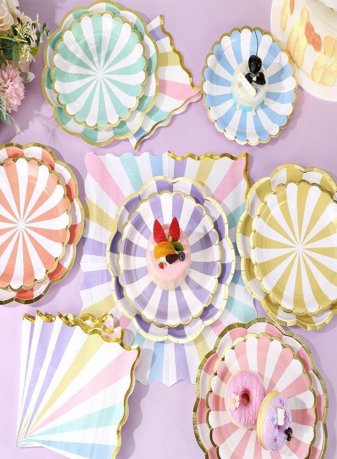 Skybooly 144 Pcs 48 Guests Pastel Striped Party Plates and Napkins Scalloped Pastel Carnival Paper Plates and Napkins Colored Disposable Tableware for Baby Bridal Shower Wedding Tea Party Supplies - Image 3