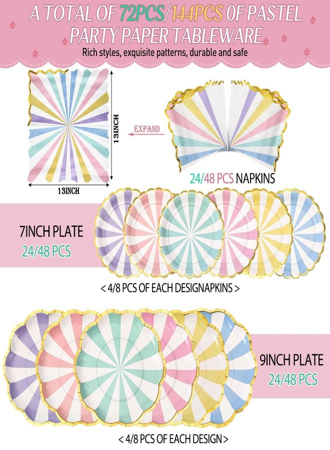 Skybooly 144 Pcs 48 Guests Pastel Striped Party Plates and Napkins Scalloped Pastel Carnival Paper Plates and Napkins Colored Disposable Tableware for Baby Bridal Shower Wedding Tea Party Supplies - Image 2