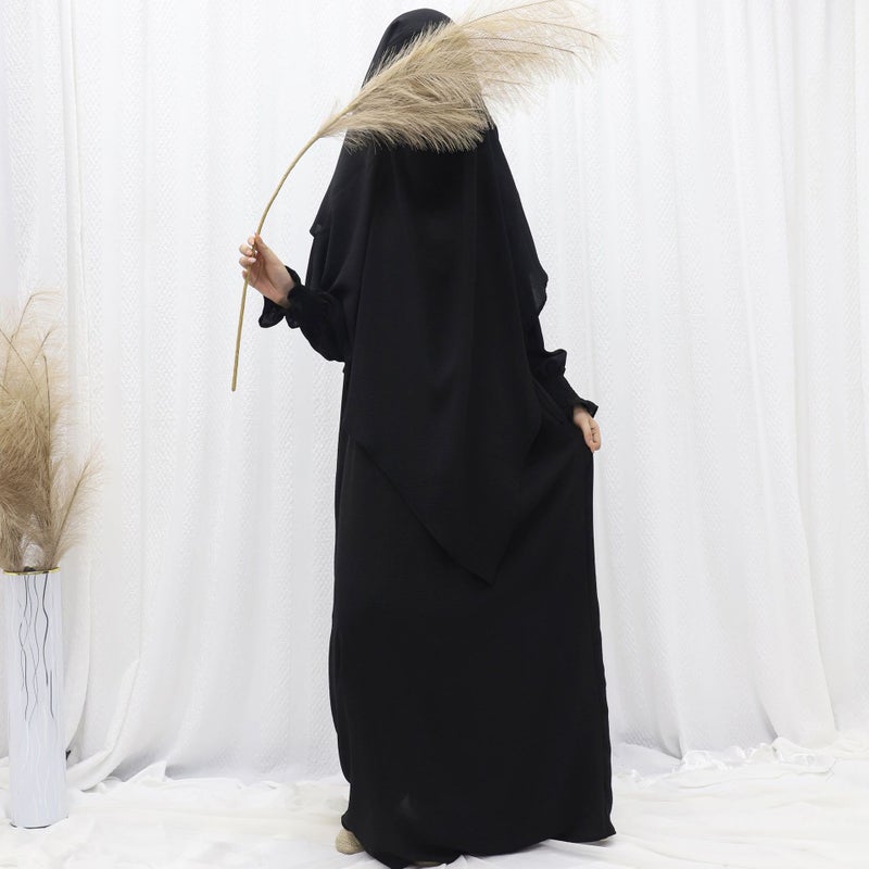 Cross-border Amazon Dubai Turkey Ice Silk Wrinkle Two-piece Solid Color Pocket Robe Two-layer Turban 16#black 1 size